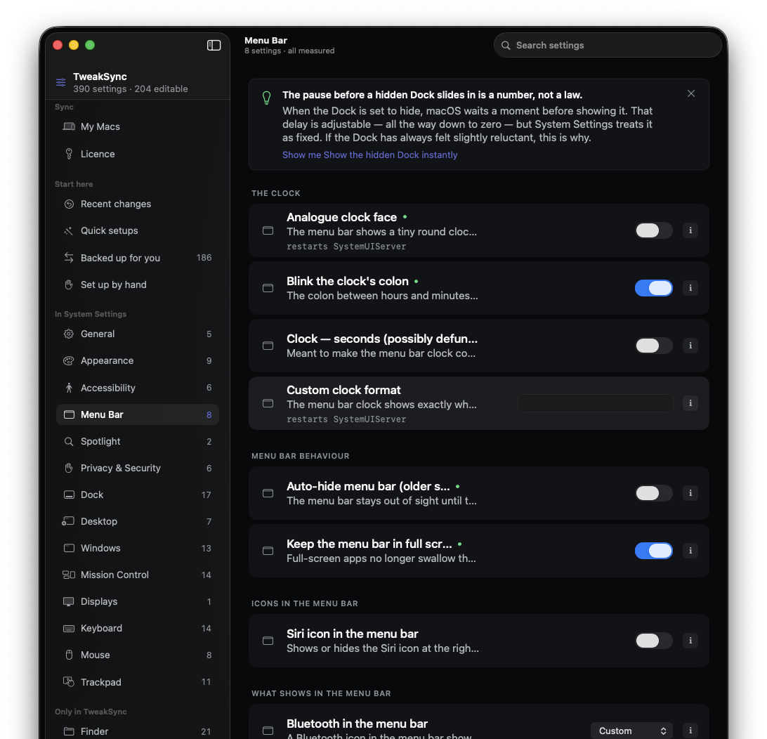 TweakSync showing the Menu Bar section with eight verified macOS settings